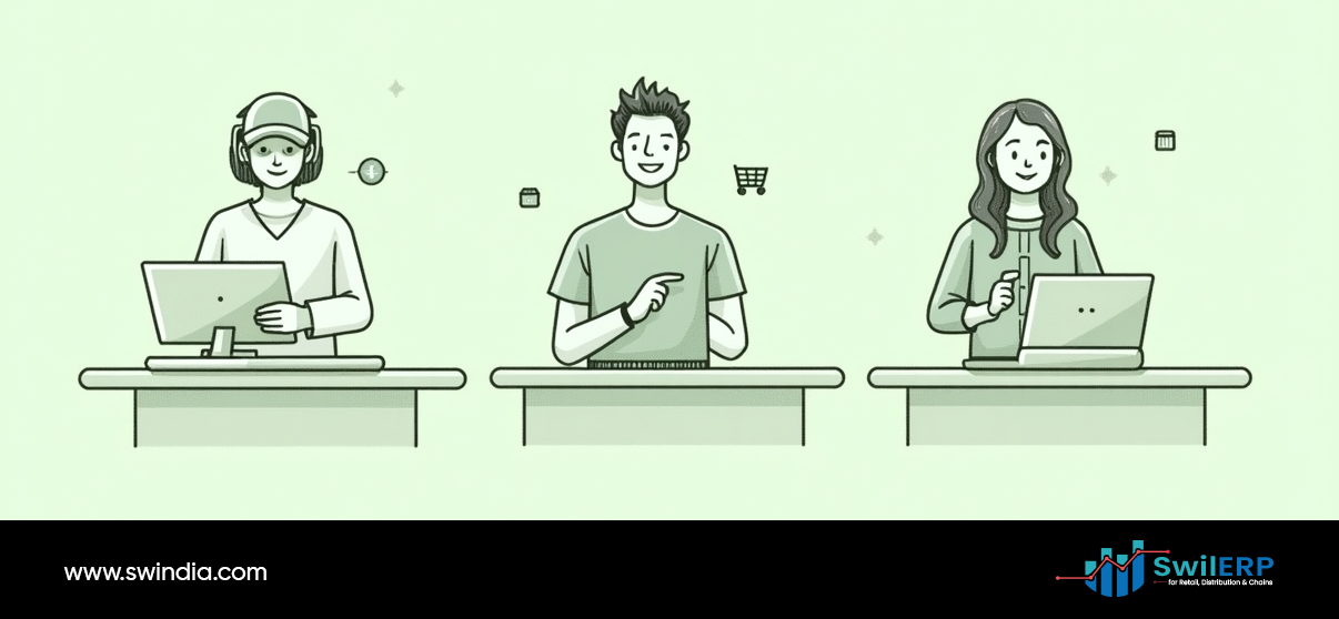 Three-person digital retail order management team handling customer service, order processing, and management tasks at computer workstations for retail business operations