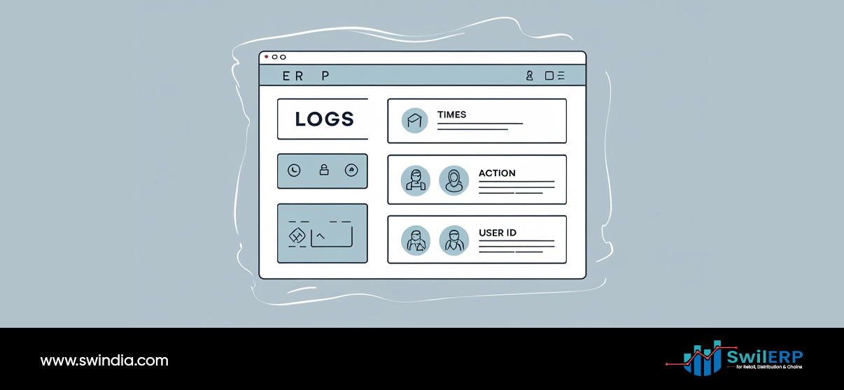 ERP software interface displaying system logs dashboard with user activity tracking, timestamps, actions, and user ID monitoring features for Theft Detection and security management in business applications.