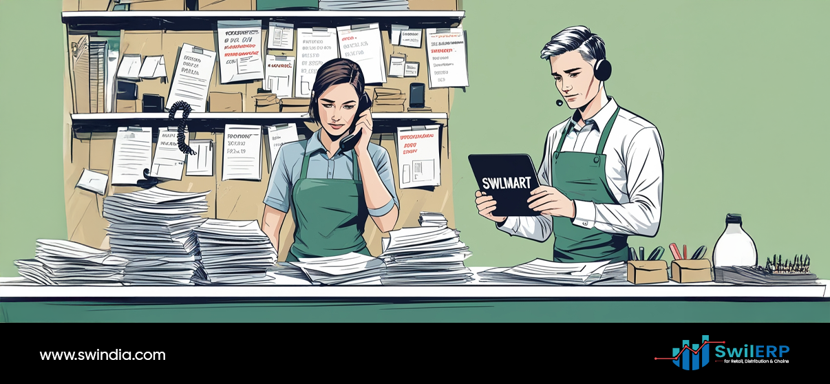 SwilMart syncs with SwilERP - two retail workers coordinating order management through phone support and tablet-based SwilMart system with organized documentation and inventory tracking