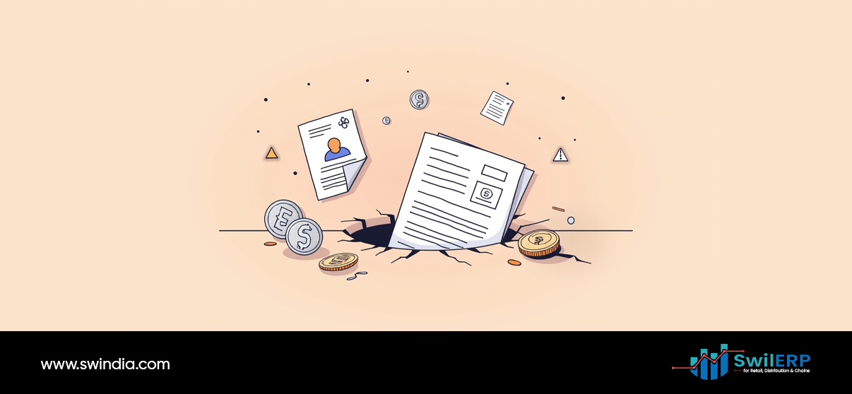 Scattered business documents, coins, and papers with warning symbols floating around, representing the consequences and administrative challenges when a Pharmacist's License Expires, causing disruption to pharmacy operations and regulatory compliance