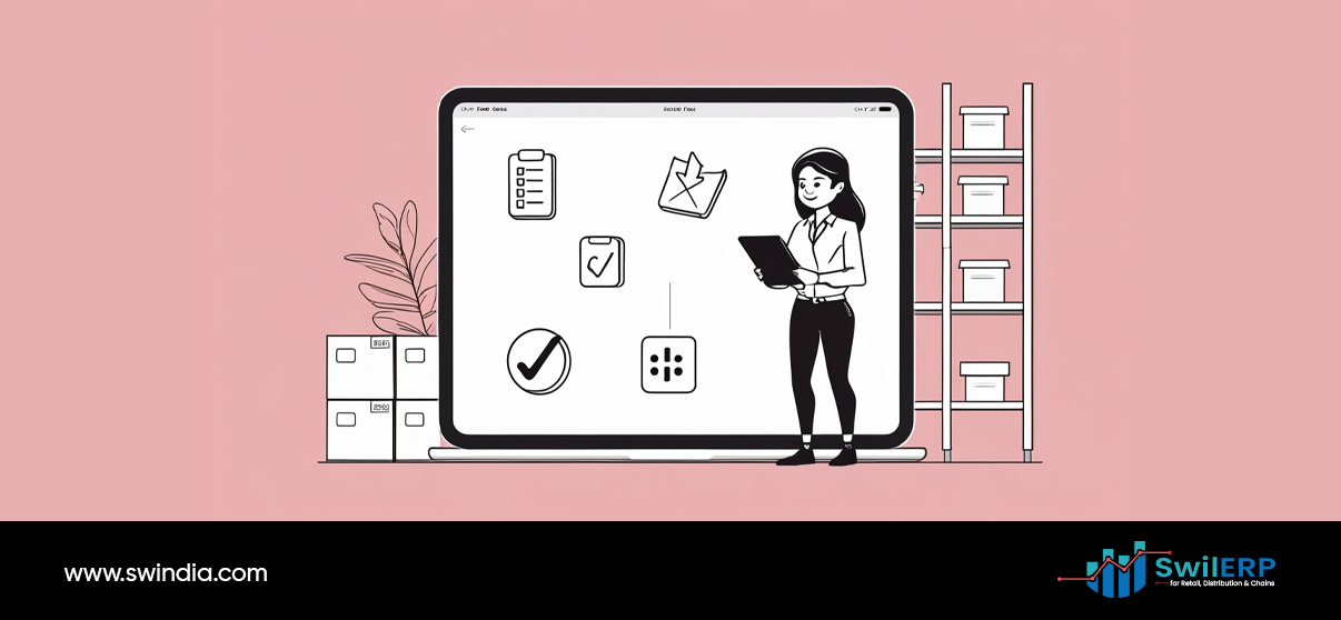 A professional woman holding a tablet stands next to a large laptop screen displaying various business management icons including checklists, documents, checkmarks, and data symbols. Behind her are organized storage shelves and filing cabinets, illustrating how digital tools help manage business operations and inventory in a modern workspace setting.