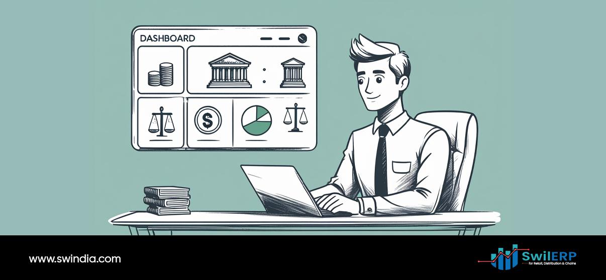 Professional businessman working at desk with laptop viewing financial dashboard showing bank buildings, scales of justice, and pie charts for ERP reports for retail time-saving analysis