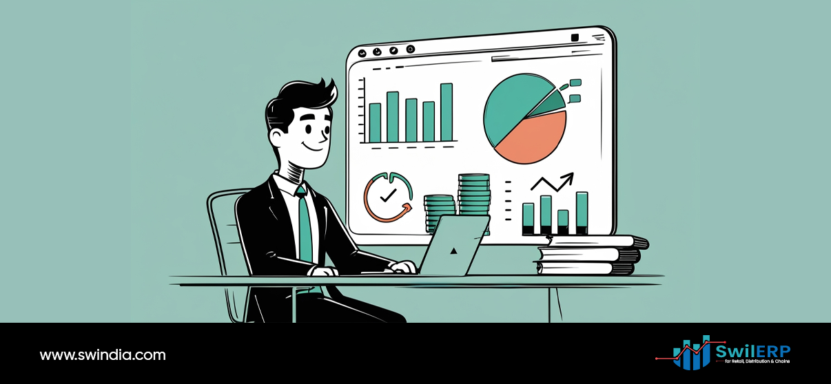 Business analyst at computer reviewing colorful charts and graphs including bar charts, pie charts, and growth metrics demonstrating ERP reports for retail time-saving benefits