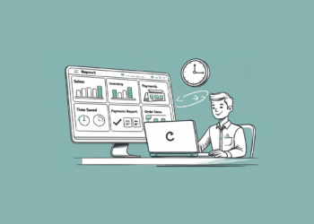 Happy businessman working on laptop with comprehensive business reports dashboard showing sales, inventory, payments, and time saved metrics for ERP reports for retail time-saving