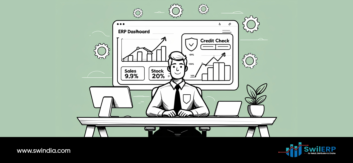 A businessman sits at a modern workstation with an ERP dashboard displaying sales metrics (9.9%), stock levels (20%), credit check features, and various business charts, demonstrating integrated GST filing capabilities within comprehensive business management software.