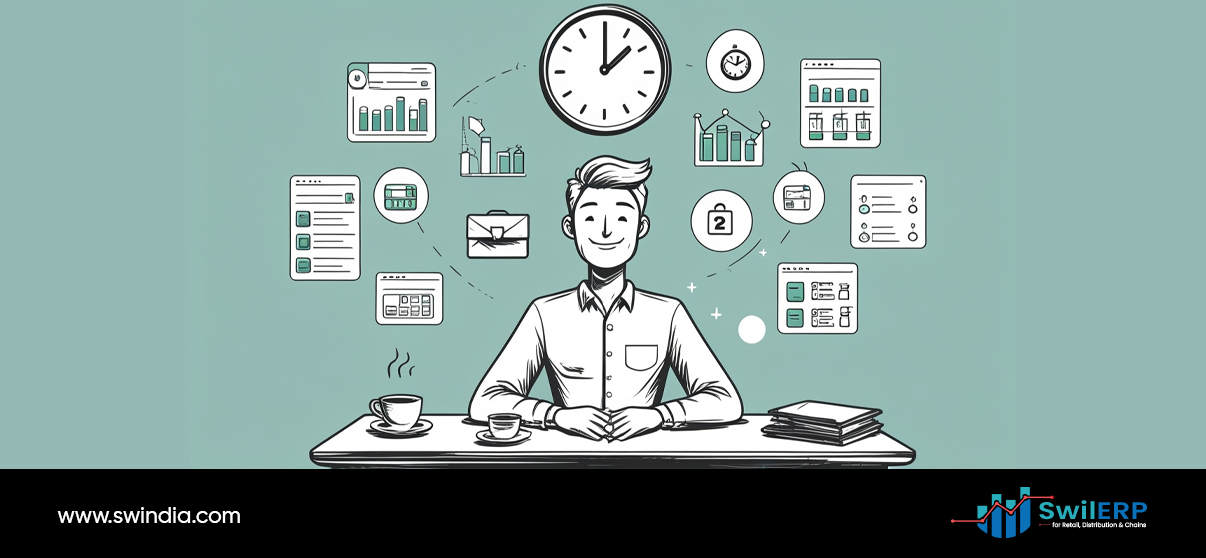 Confident professional at desk surrounded by floating business application icons including charts, clocks, security, and data visualization tools representing ERP reports for retail time-saving solutions