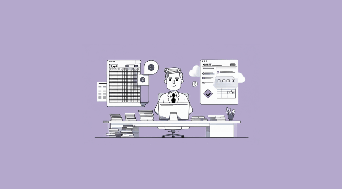 A businessman works at his computer with multiple software windows open, including Excel spreadsheets and GST filing applications, surrounded by stacks of documents, representing the complete digital transformation of traditional GST filing workflows into modern automated systems.
