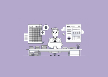A businessman works at his computer with multiple software windows open, including Excel spreadsheets and GST filing applications, surrounded by stacks of documents, representing the complete digital transformation of traditional GST filing workflows into modern automated systems.
