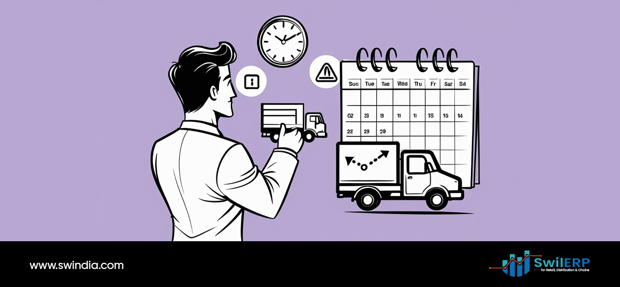 Supply chain manager planning delivery schedules to avoid stockouts using calendar and mobile app with truck logistics coordination and warning indicators