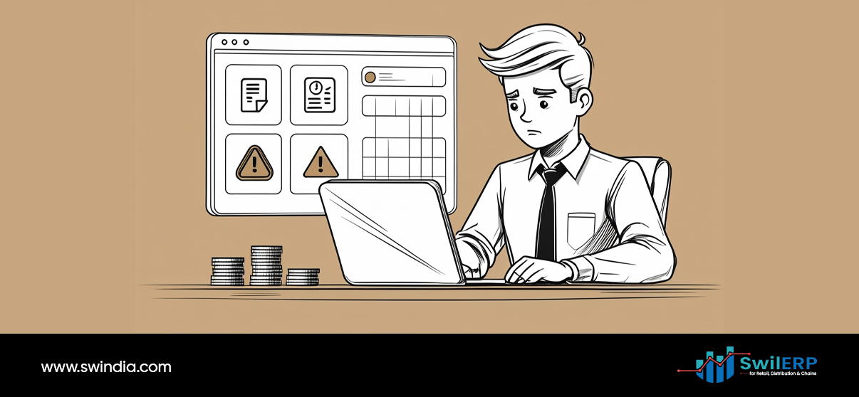Concerned businessman at laptop viewing system dashboard with warning alerts and coin stacks, highlighting challenges before implementing ERP reports for retail time-saving