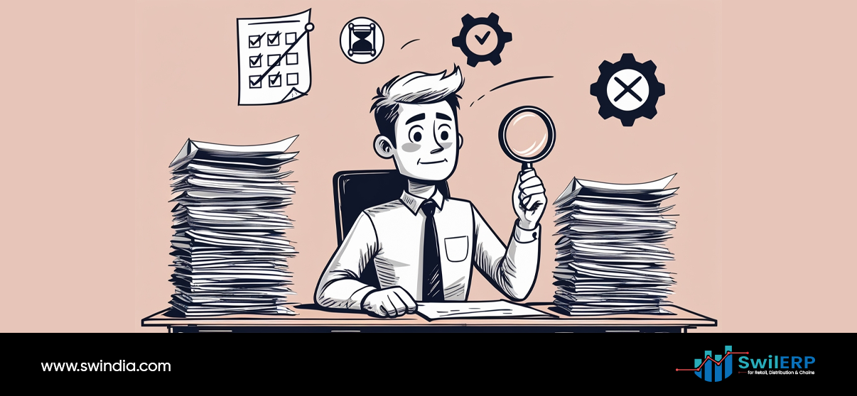 Business professional analyzing stockouts with magnifying glass surrounded by paperwork stacks and quality control checkmarks for inventory management