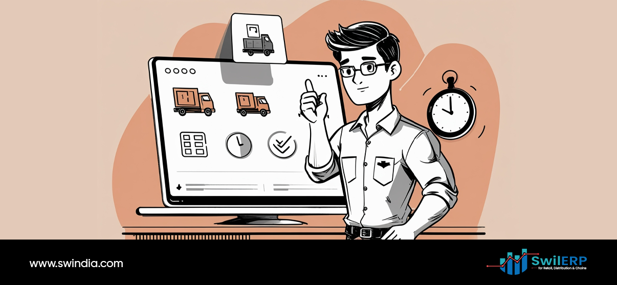 Professional pointing at logistics and delivery tracking interface on laptop with stopwatch, demonstrating ERP reports for retail time-saving in supply chain management