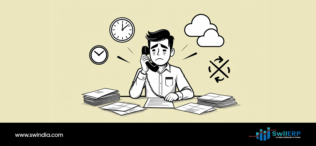 A stressed distributor sits at a desk talking on a landline phone, surrounded by stacks of paper documents and invoices. Above him are clock symbols showing time pressure and cloud icons representing digital transformation. The image illustrates the challenges traditional distributors face when moving their paper-based operations online to digital platforms.