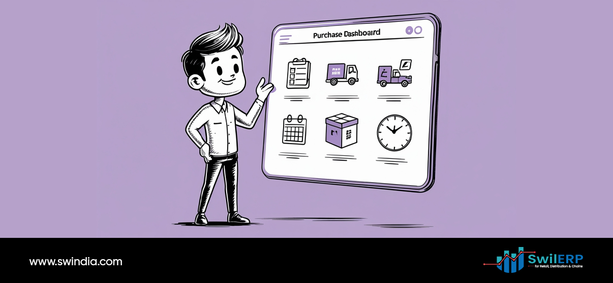 Friendly businessman presenting purchase dashboard with delivery trucks, calendar, package, and clock icons showing ERP reports for retail time-saving in procurement