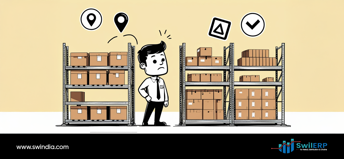 Warehouse manager monitoring stockouts in distribution center with location tracking systems and organized inventory shelves to prevent stock shortages