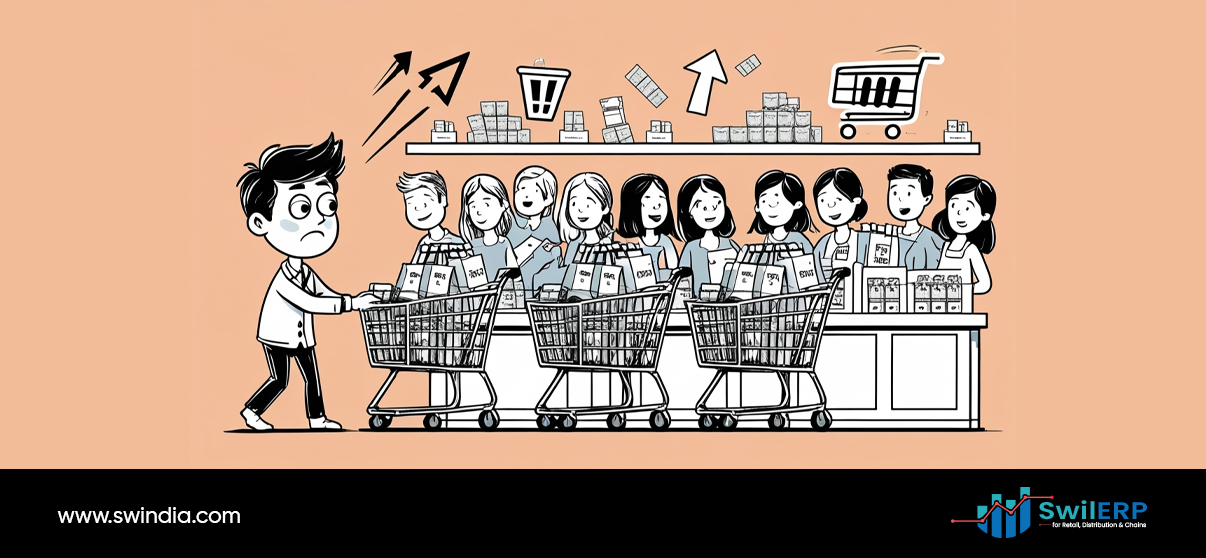 Retail stockouts creating customer queue problems as shoppers wait in line with shopping carts while business manager struggles with inventory challenges