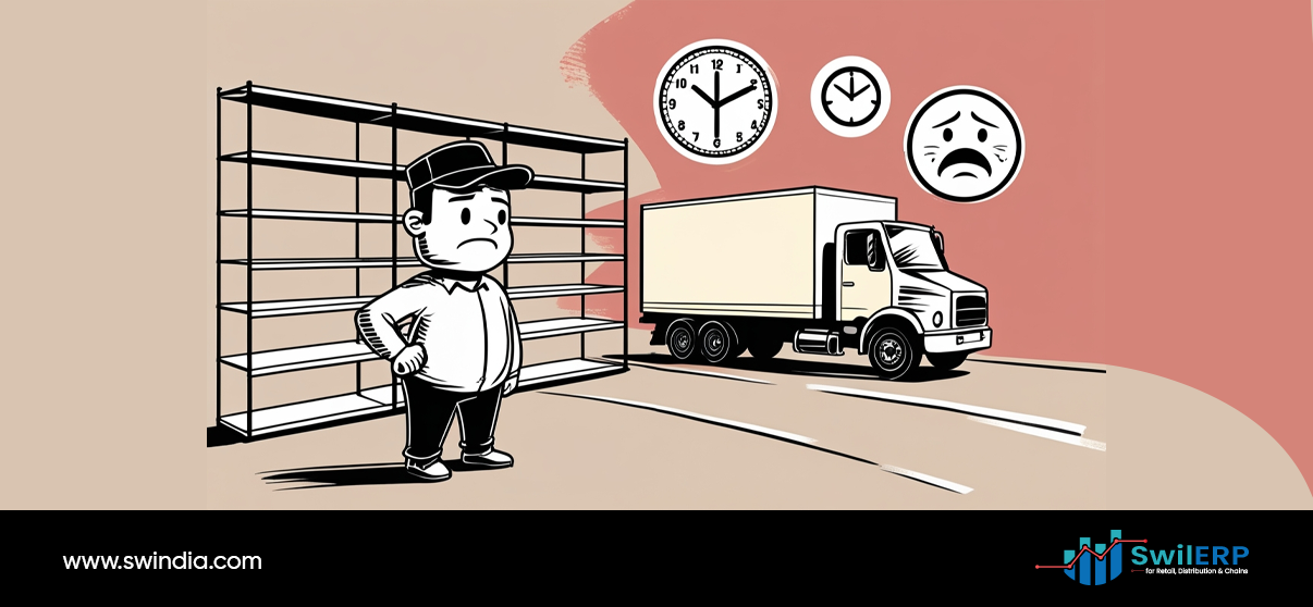 Delivery worker experiencing stockouts delays with empty warehouse shelves and truck waiting for restocking, showing time management concerns and customer dissatisfaction