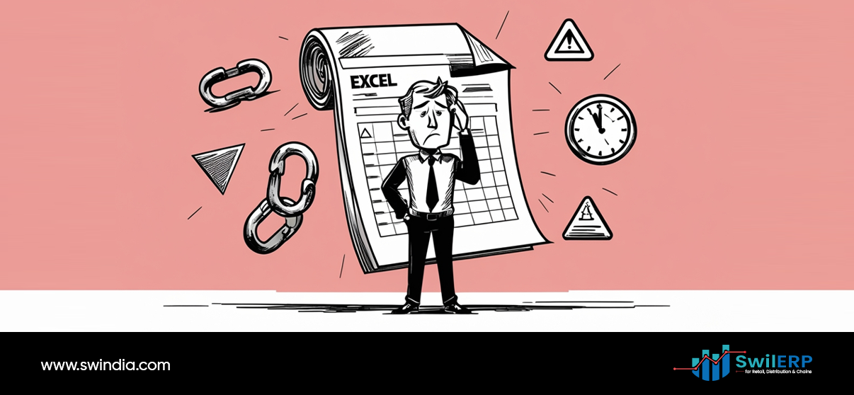 A worried businessman stands trapped inside a large Excel spreadsheet with broken chain links, warning triangles, and a clock around him, illustrating the challenges and time constraints of manual GST filing processes without proper software solutions.