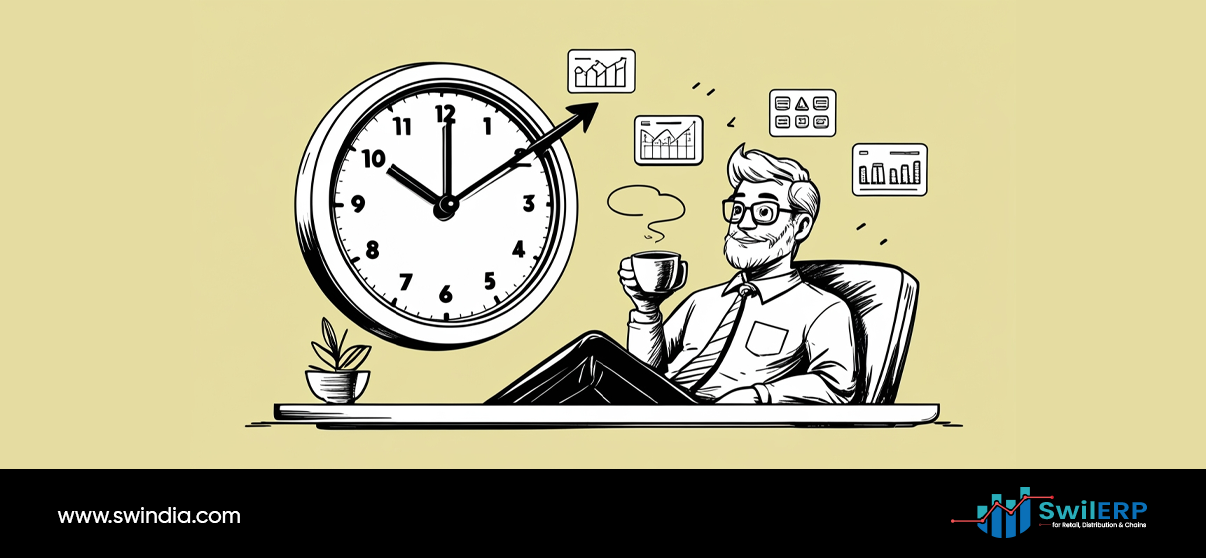 A relaxed businessman with glasses sits comfortably at his desk with a coffee cup, surrounded by upward-trending charts and graphs on screens, with a large clock showing efficient time management for GST filing and business growth.