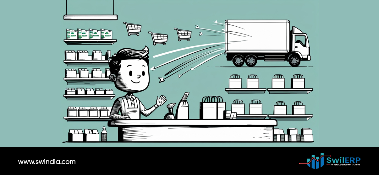 Retail store manager coordinating stockouts prevention through efficient order fulfillment system with delivery trucks and organized product shelves