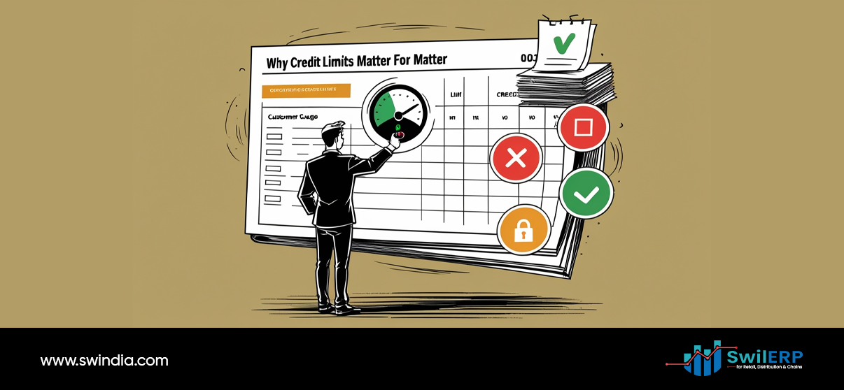 Professional analyzing credit limits report titled 'Why Credit Limits Matter' with gauge meter and status indicators, showcasing SwilERP credit check management features