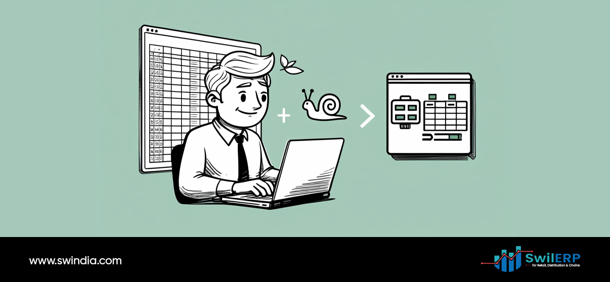 A smiling businessman works on his laptop with a large spreadsheet in the background, showing the smooth transition from manual Excel-based GST filing to automated digital solutions, represented by the arrow pointing to a modern software interface.