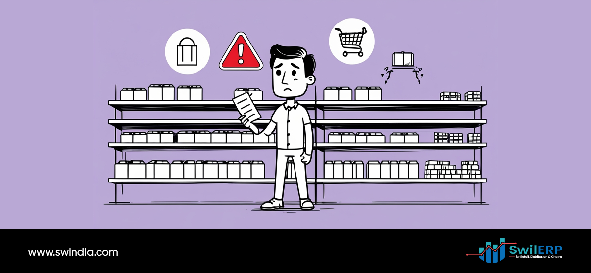 Store employee dealing with stockouts crisis holding checklist in retail environment with warning alerts and empty shopping cart indicating inventory shortage