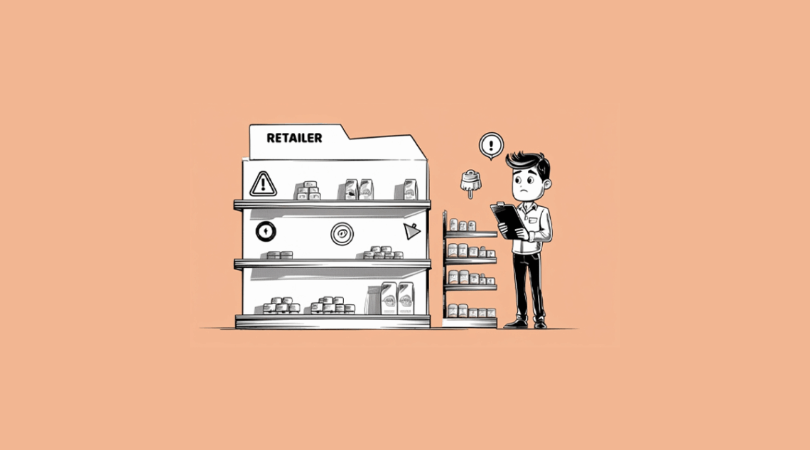 Retail manager checking inventory levels to prevent stockouts at store display with tablet device showing concern about product availability and stock management