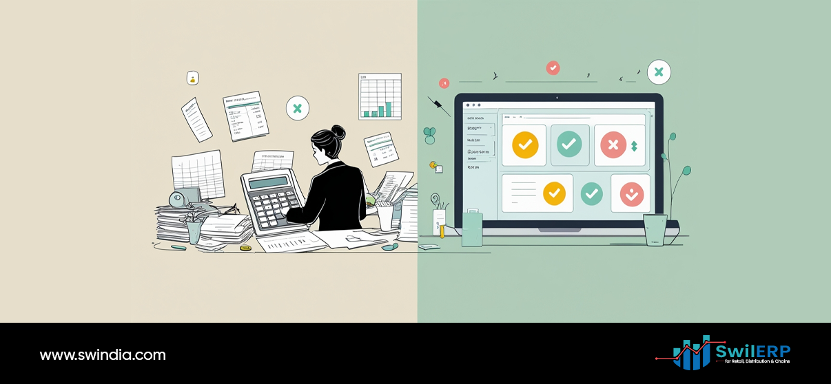 Split view showing manual tax work with calculator and papers versus digital ERP for tax compliance system with automated status indicators and reports