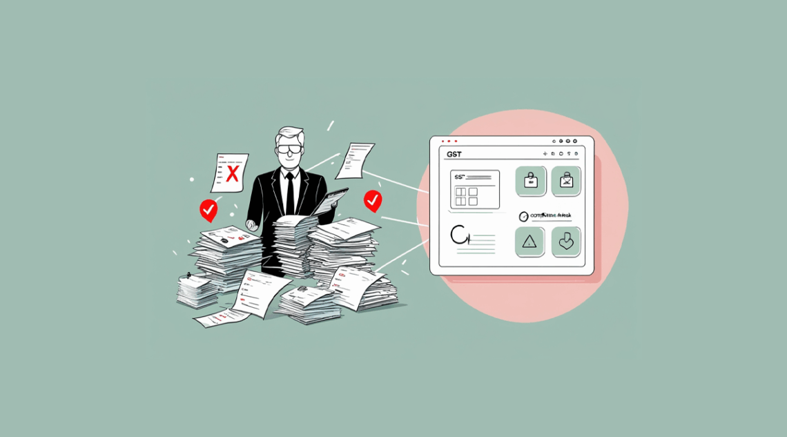 Business person surrounded by stacks of documents using ERP for tax compliance software with GST portal integration and compliance attack protection