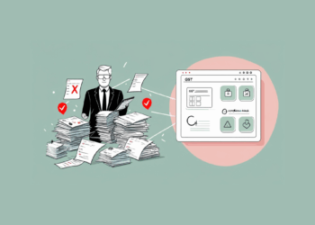 Business person surrounded by stacks of documents using ERP for tax compliance software with GST portal integration and compliance attack protection