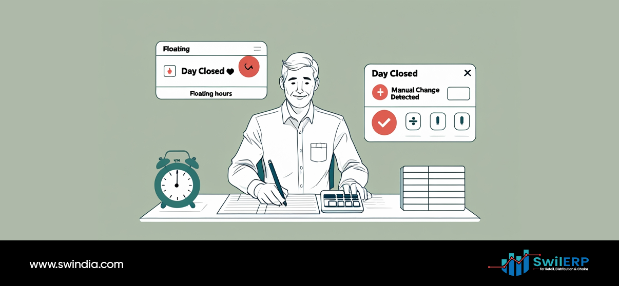 Accountant working at desk with floating hours notification and day closed alerts from ERP for tax compliance system showing time tracking features