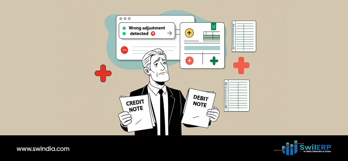 Business professional holding credit and debit notes with wrong adjustment detection alerts from ERP for tax compliance software error monitoring