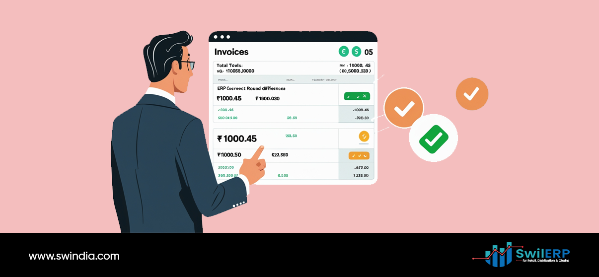 Business professional viewing invoice reconciliation screen in ERP for tax compliance system showing total calculations and round differences correction