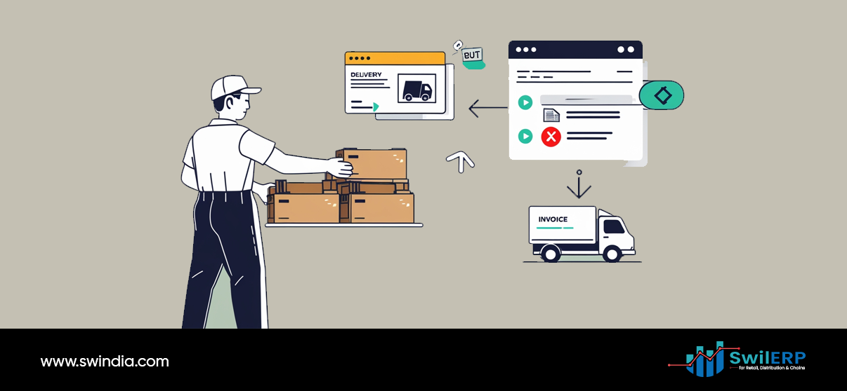 Delivery worker with packages and truck alongside ERP for tax compliance system interface showing invoice processing and delivery management integration