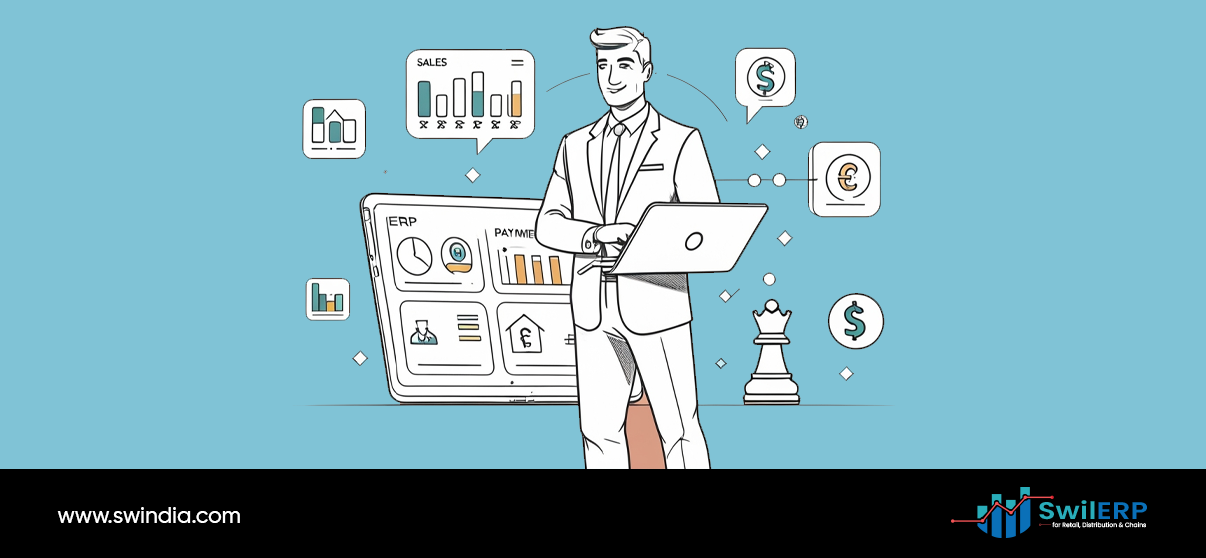 Businessman working on laptop with ERP for tax compliance system displaying sales charts, payment tracking, and multi-currency financial data management