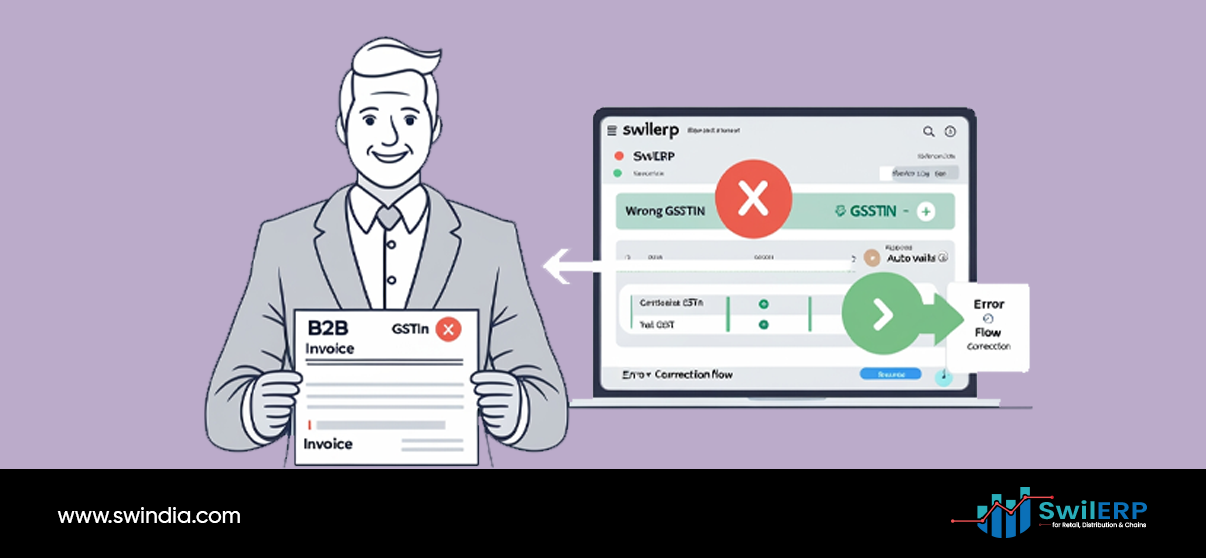 Professional holding B2B invoice with GSTIN error while ERP for tax compliance software shows error correction workflow and validation process